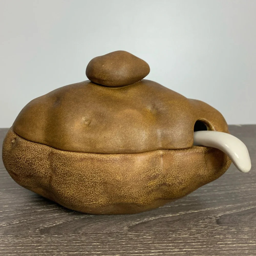 Atlantic Mold Vintage 70's Potato Shaped Serving Dish/Bowl with Spoon 6" Ceramic
